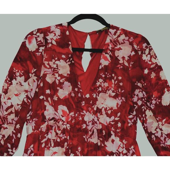 Melonie Maxi Dress Womens 10 Tall Red Floral Lined Tiered Peasant Boho - Picture 4 of 14